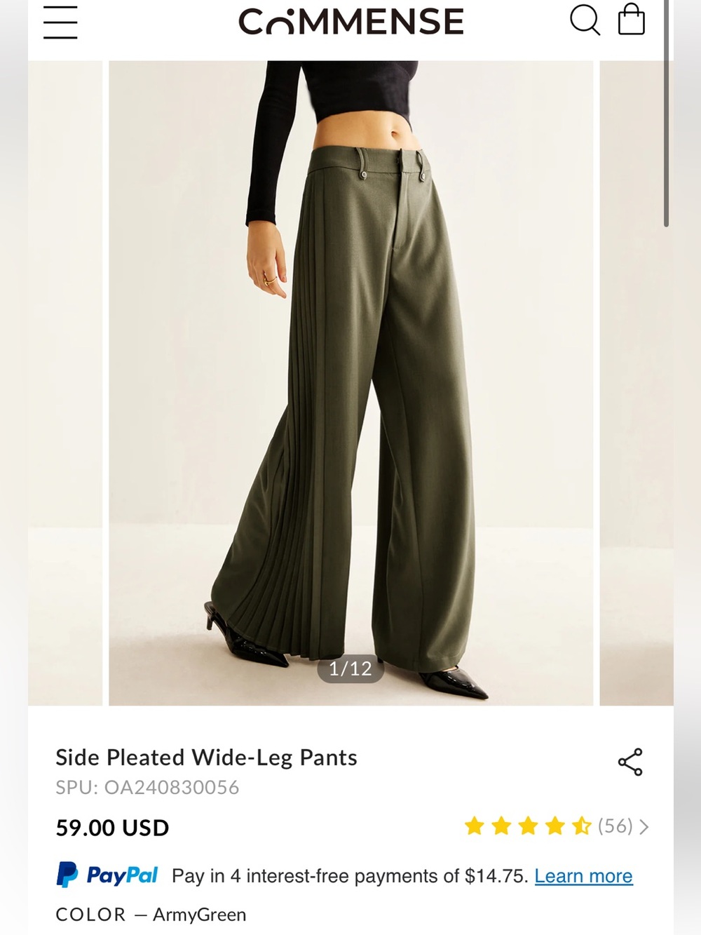 Commense Side Pleated Wide-Leg Pants in Army Green Size XS - Picture 2 of 6